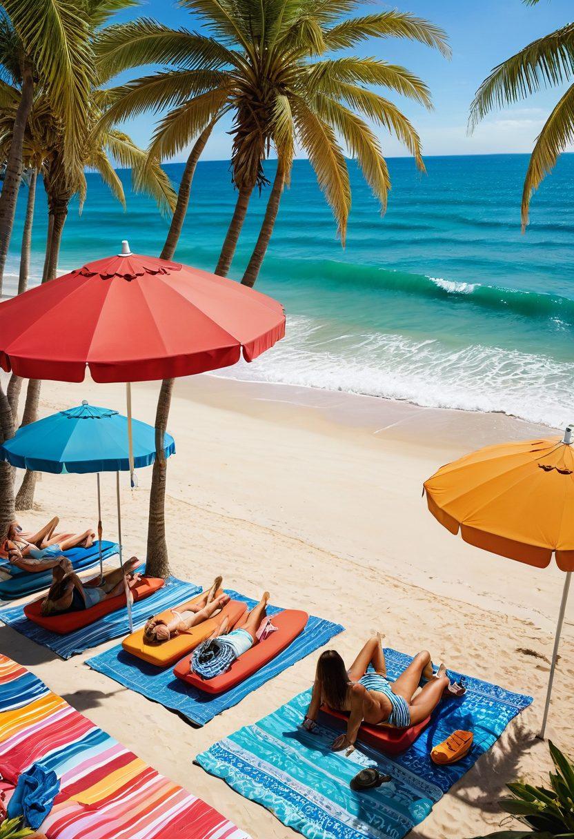 A vibrant beach scene featuring a diverse group of friends lounging on colorful beach towels under bright umbrellas, surrounded by a variety of stylish beachwear. Include a picturesque ocean backdrop with gentle waves, palm trees swaying in the breeze, and beach rentals like surfboards and kayaks scattered nearby. The atmosphere is joyful and sun-soaked, evoking a carefree summer vibe. super-realistic. vibrant colors.