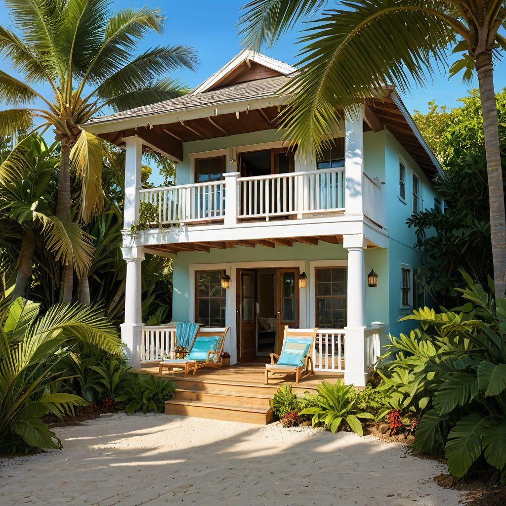 A cozy beach rental house nestled in lush tropical foliage, featuring a spacious porch with hammocks and vibrant potted plants. The sandy beach stretches out in the background with crystal-clear turquoise waves gently lapping at the shore. Golden sunlight filters through palm trees, highlighting the charm and comfort of coastal living. Vibrant colors, warm tones, and a relaxing atmosphere. super-realistic. vibrant colors. 3D.